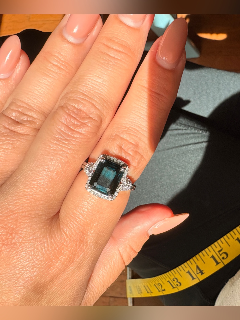 Emerald-Cut Teal Topaz Halo Ring in Sterling Silver size 8 NIB